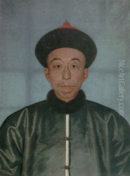 A Portrait Of A Chinese Gentleman Wearing A Fur Hat And A Blue-gray Silk Coat With A White Fur Trim And Fur Collar - view 1