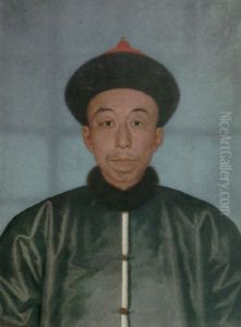 A Portrait Of A Chinese Gentleman Wearing A Fur Hat And A Blue-gray Silk Coat With A White Fur Trim And Fur Collar