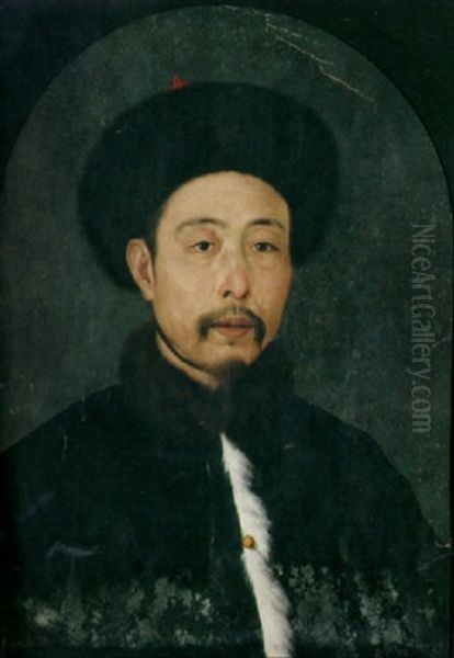 A Portrait Of A Chinese Man Wearing A Black Fur Cap And A Black Coat With A White Fur Trim And A Fur Collar - view 1