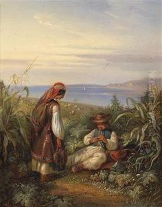 Shepherd Couplein In A Dalmatian Landscape by Eugen Adam