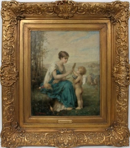 Woman Seated With Cupid Holding Mirror - view 1