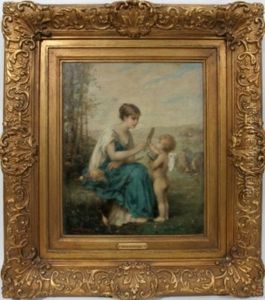 Woman Seated With Cupid Holding Mirror