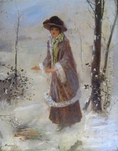 Untitled (lady By Campfire, Winter, Frozen Lake, Ice Skates) by Jean-Ernest Aubert