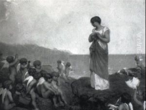 Junge Frau Mit Putti Am Meeresufer by Jean-Ernest Aubert