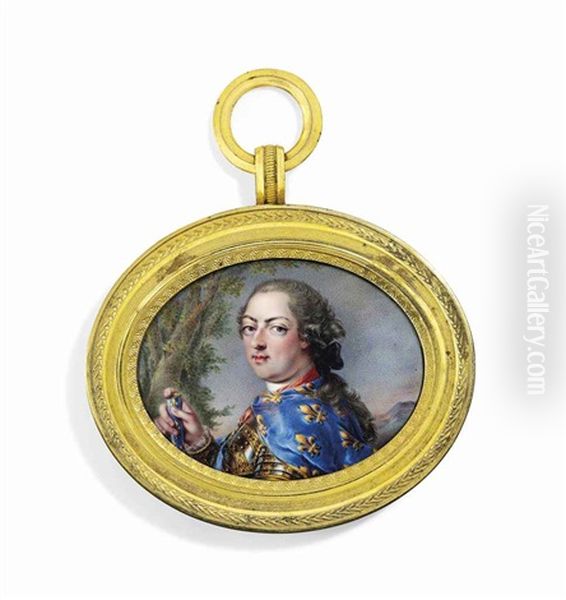 Louis Xv (1710-1774), King Of France, In Gilt-bordered Armour, Wearing A Blue Cloak Decorated With Gold Fleur-de-lys, A Field Marshal's Baton In His Right Hand; Landscape Background - view 1
