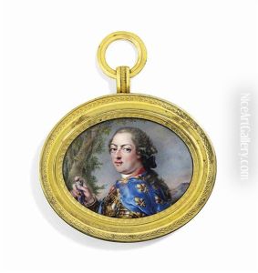Louis Xv (1710-1774), King Of France, In Gilt-bordered Armour, Wearing A Blue Cloak Decorated With Gold Fleur-de-lys, A Field Marshal's Baton In His Right Hand; Landscape Background by Louis-Francois Aubert