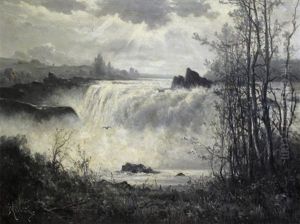 Rushing Waterfall by Constant Auguste de L' Aubiniere