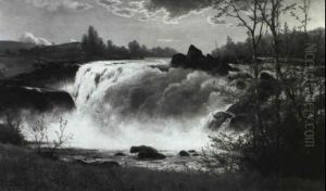 Waterfall by Constant Auguste de L' Aubiniere