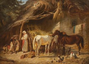 Zigeuner Bei Der Rast Mit Pferden Vor Bauernhaus Zigeuner Bei Der Rast Mit Pferden Vor Bauernhaus