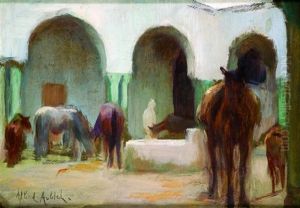 Chevaux Dans Une Cour by Albert Aublet