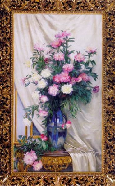 Peonies In A Blue Vase On A Draped Regency Giltwood Console Table - view 1