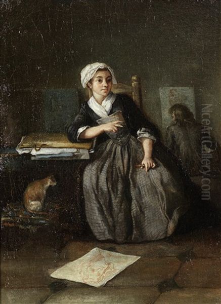 An Interior With A Young Woman Sketching; And An Interior With A Young Man Drawing (2 Works) - view 1