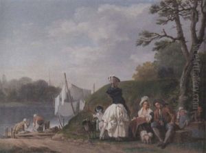 A Mother And Child With A Nurse And Male Companion Resting On A Track, A River Landscape With Washerwomen Beyond by Etienne Aubry