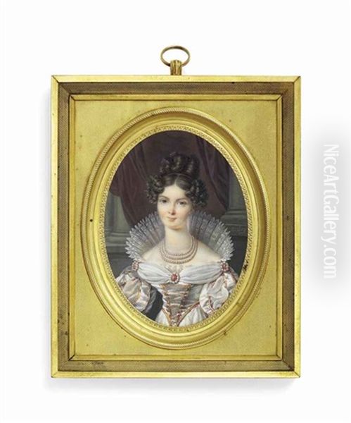 A Young Lady Of The Court, In Gold-bordered Silk Dress, Pearl And Ruby-set Brooches At Corsage And Shoulders, High-standing Lace Ruff - view 1