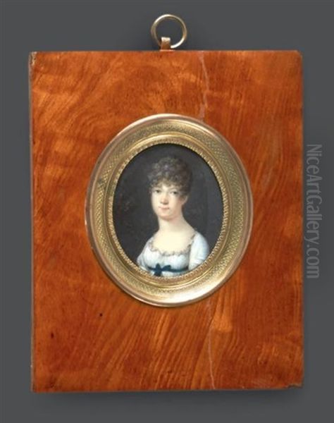 Portrait De Jeune Fille En Robe De Voile Blanc A Haute Taille Ceinturee De Bleu, En Buste Vers La Gauche, Presque De Face Et Coiffee De Boucles - view 1