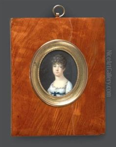 Portrait De Jeune Fille En Robe De Voile Blanc A Haute Taille Ceinturee De Bleu, En Buste Vers La Gauche, Presque De Face Et Coiffee De Boucles by Louis Francois Aubry