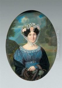 Portrait De Femme A La Robe Bleue, Echarpe Cachemire Et Coiffe De Dentelle Piquee De Roses Et Myosotis