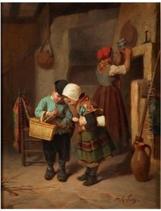 Kinder In Einen Korb Blickend by Joseph Athanase Aufray