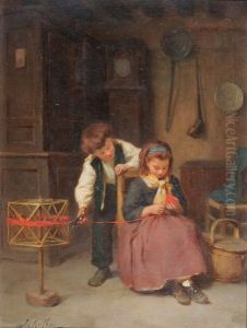 Interior Scene With A Girl Seated Winding Wool, A Boy Nearby Holding A Pair Of Scissors by Joseph Athanase Aufray