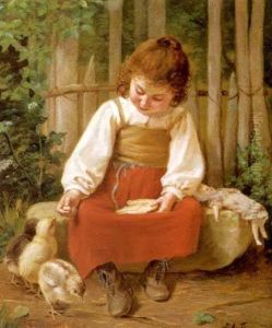 Petite Fille Donnant A Manger A Des Poussins