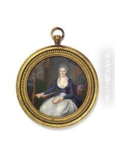 A Lady In White And Purple Dress, Seated In An Interior, Holding A Book by Jacques-Jean- Baptiste Augustin