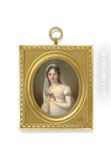 Suzanne Fleuriot (1775-1822), Nee Du Garzpern, Comtesse De Langle, In White Dress, Holding A Bouquet Of Roses In Her Left Hand by Jacques-Jean- Baptiste Augustin