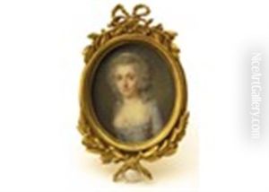 Portrait Miniature Of A Lady, Half Length, Wearing A Blue Dress, A White Ribbon In Her Hair by Jacques-Jean- Baptiste Augustin