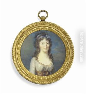 A Young Lady, In Decollete Gold-bordered White Dress, Gem-set Gold Belt, Curling Hair Dressed With A Mauve Ribbon Tied In A Bow