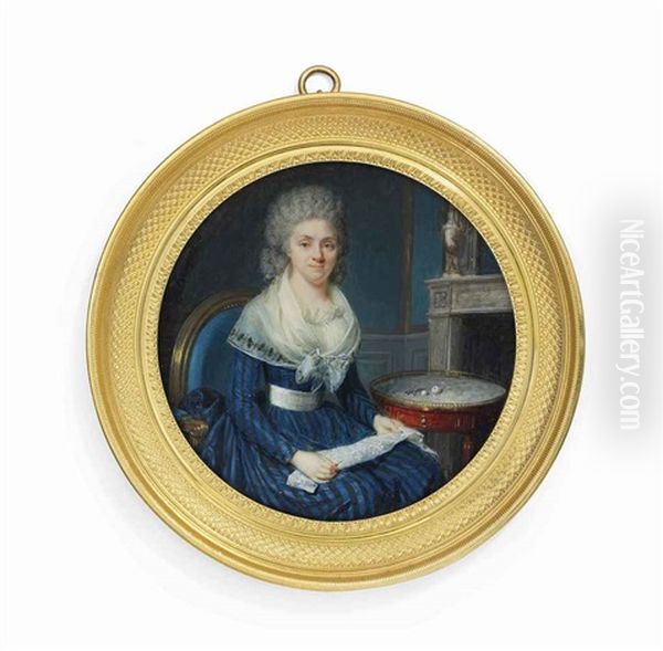 A Lady Making Lace, Seated On Blue Upholstered Chair, In Blue And Black Striped Dress With White Sash, Cream Gauze Fichu With Embroidered Edges, Powdered Curling Hair, Her Lace In Her Lap - view 1