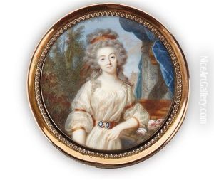 Portrait De Jeune Femme En Robe De Voile Blanc Accoudee Sur Un Entablement, La Coiffure Relevee Retenue Par Un Ruban Ocre, Fond De Paysage