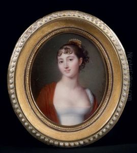 Portrait De Jeune Femme En Robe De Soie Blanche, Les Epaules Couvertes D'un Chale Rouge