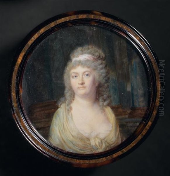 Portrait D'une Femme En Robe Largement Decolletee, Un Fichu Creme Sur Les Epaules, Les Cheveux Attaches Par Un Ruban Rose, Fondond De Colonnades - view 1