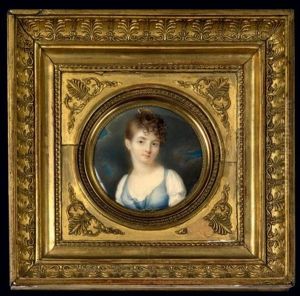 Portrait De Jeune Fille En Robe De Soie Bleue Et Voile De Dentelle. Fond De Ciel Nuageux by Jacques-Jean- Baptiste Augustin