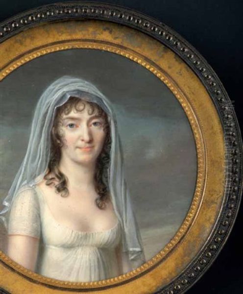 Jeune Femme Vetue De Blanc, D'une Tunique Plissee Et Decolletee, A Manches Brodees, Et D'un Voile Transparent. Fond De Ciel Nuage. - view 1
