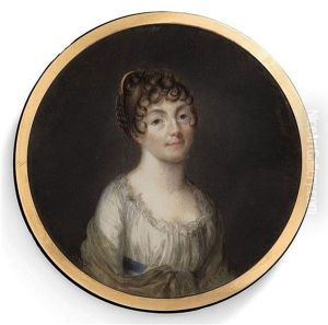 A Young Lady, In Decollete White Muslin Dress With Blue Sash, Ochre Shawl Draped Over Her Arms, Her Dark Upswept Hair Dressed In Curls And Set With A Comb