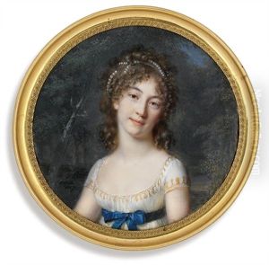 A Young Lady, In Gold-embroidered White Dress With Short Sleeves, A Blue Sash Tied In A Bow At Her Waist...