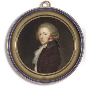 A Young Gentleman, In Brown Coat With Black Collar, White Waistcoat And Frilled Cravat And Knotted White Scarf by Jacques-Jean- Baptiste Augustin