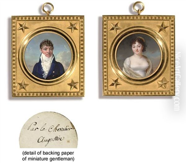 A Young Lady, In White Decollete Dress With Silk Sash, Ochre Cashmere Shawl With Embroidered Edge Draped Around Her Shoulders (+ A Gentleman, In Blue Coat With Gold Buttons, 1808; Pair) - view 1