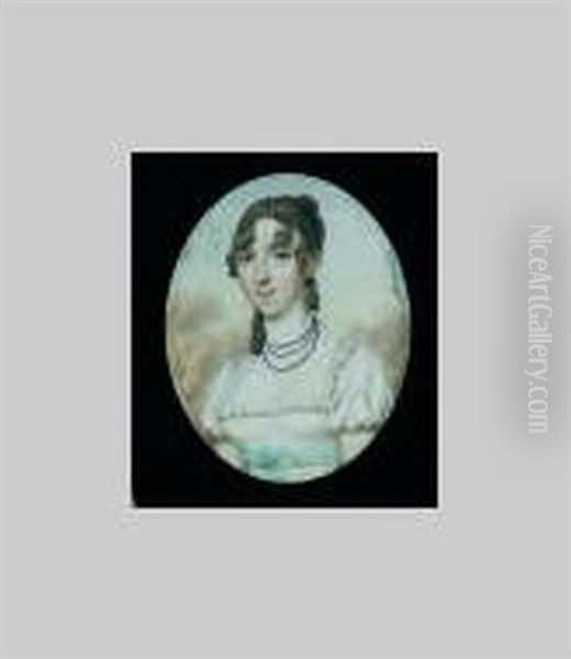 Lady Wearing Short-sleeved White Dress With Frilled Trim And Pale Blue Ribbon Waistband, Three-strand Jet Necklace, Her Hair In Long Curls - view 1