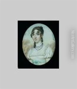Lady Wearing Short-sleeved White Dress With Frilled Trim And Pale Blue Ribbon Waistband, Three-strand Jet Necklace, Her Hair In Long Curls by Jacques-Jean- Baptiste Augustin