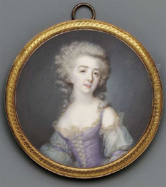 A Young Lady In Off-the-shoulders White Dress With Lace Borders And Laced Lilac Bodice, Long Powdered Curling Hair - view 1