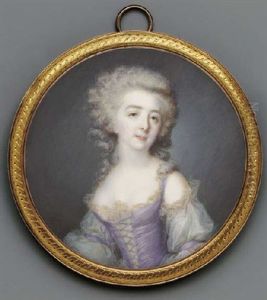 A Young Lady In Off-the-shoulders White Dress With Lace Borders And Laced Lilac Bodice, Long Powdered Curling Hair by Jacques-Jean- Baptiste Augustin