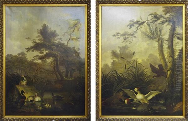 Two Works: 1) Waterbirds In A Wooded Landscape - view 1