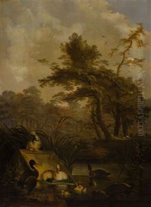 Waterbirds In A Wooded Landscape (2 Works) by Jan Augustini