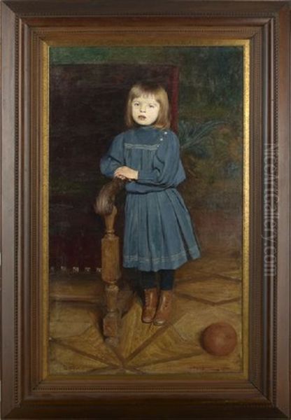 Portrait Of A Young Girl In A Blue Dress Leaning Against A Chair by Aleksander Augustynowicz