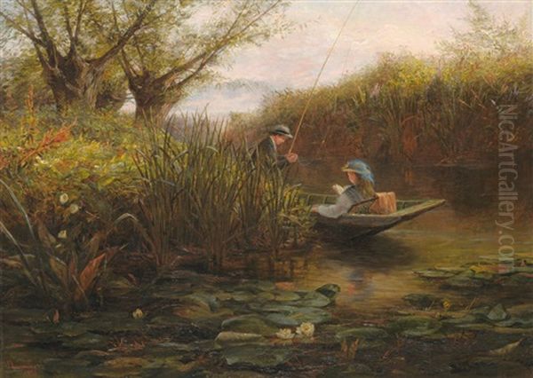 River Landscape With Couple In A Punt - view 1