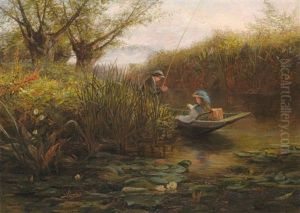 River Landscape With Couple In A Punt