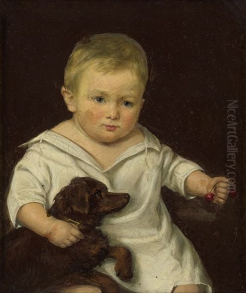 Knabe Im Weisen Hemdkleid Mit Hund, In Der Rechten Hand Kirschen - view 1