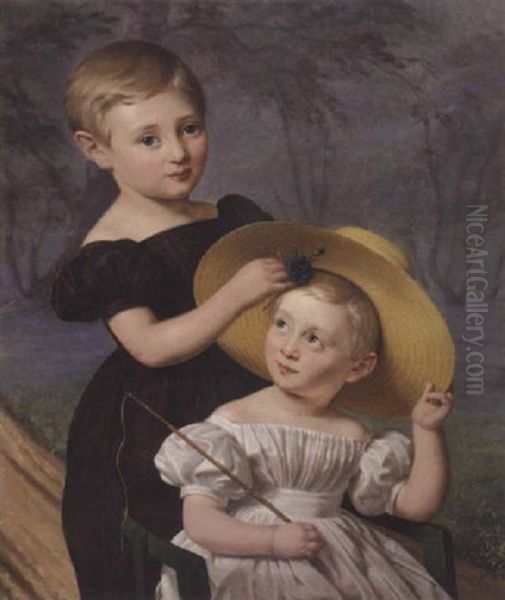 Portraet Af Brodrene Theodor Og Thorvald Damborg. To Sma Lysharede Dreng Med Bla Ojne Placeret I En Have - view 1
