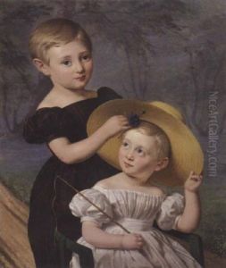 Portraet Af Brodrene Theodor Og Thorvald Damborg. To Sma Lysharede Dreng Med Bla Ojne Placeret I En Have
